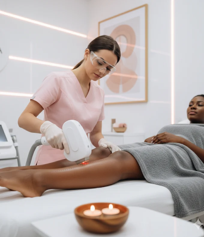 Removing hair from a black lady's leg in salford studio
